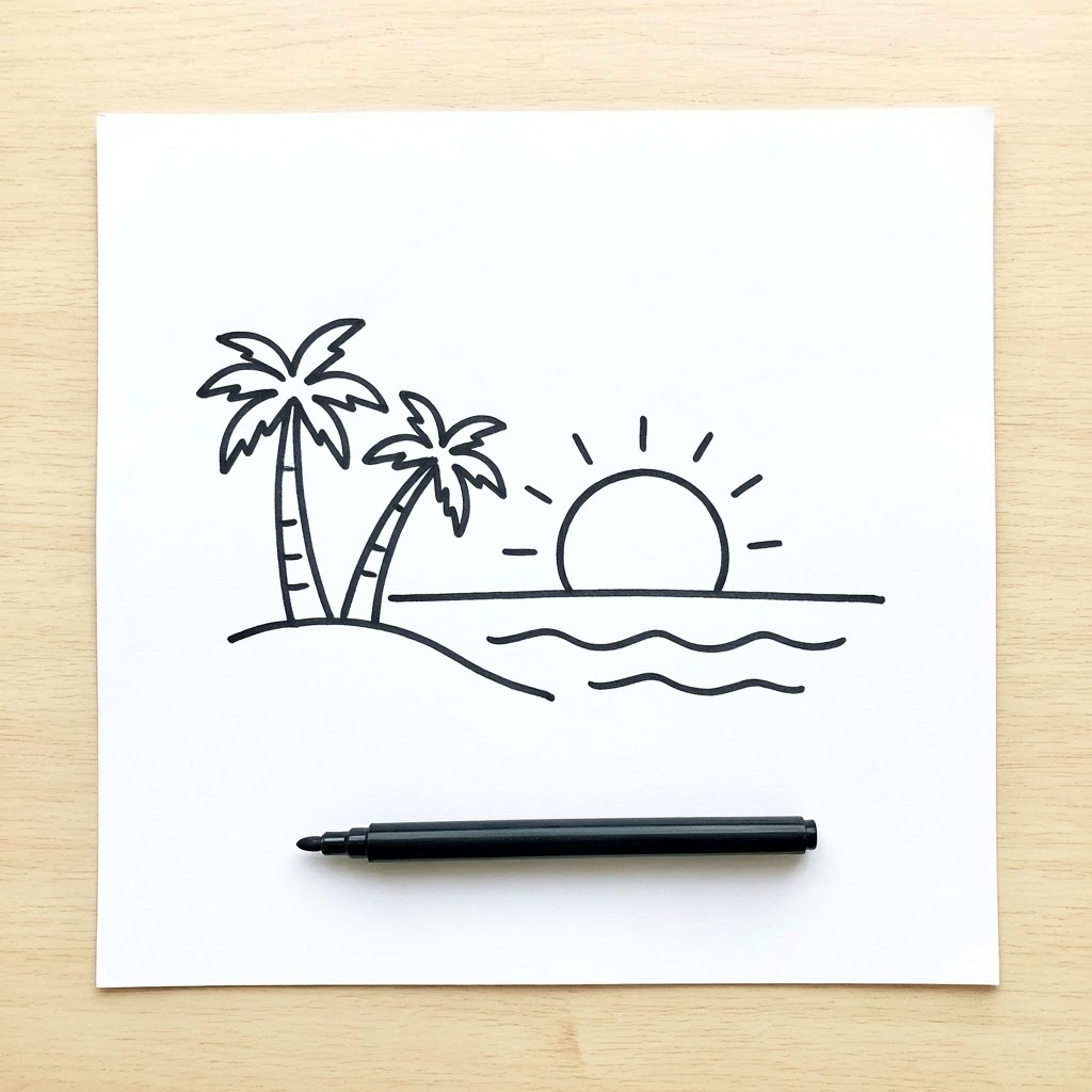 A beach scene with palm trees