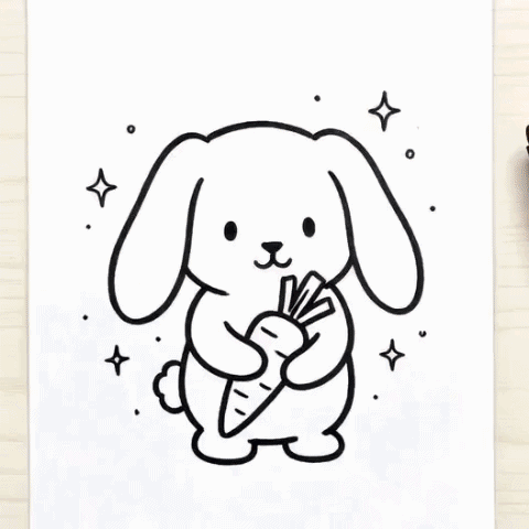 A bunny with floppy ears holding a carrot gif