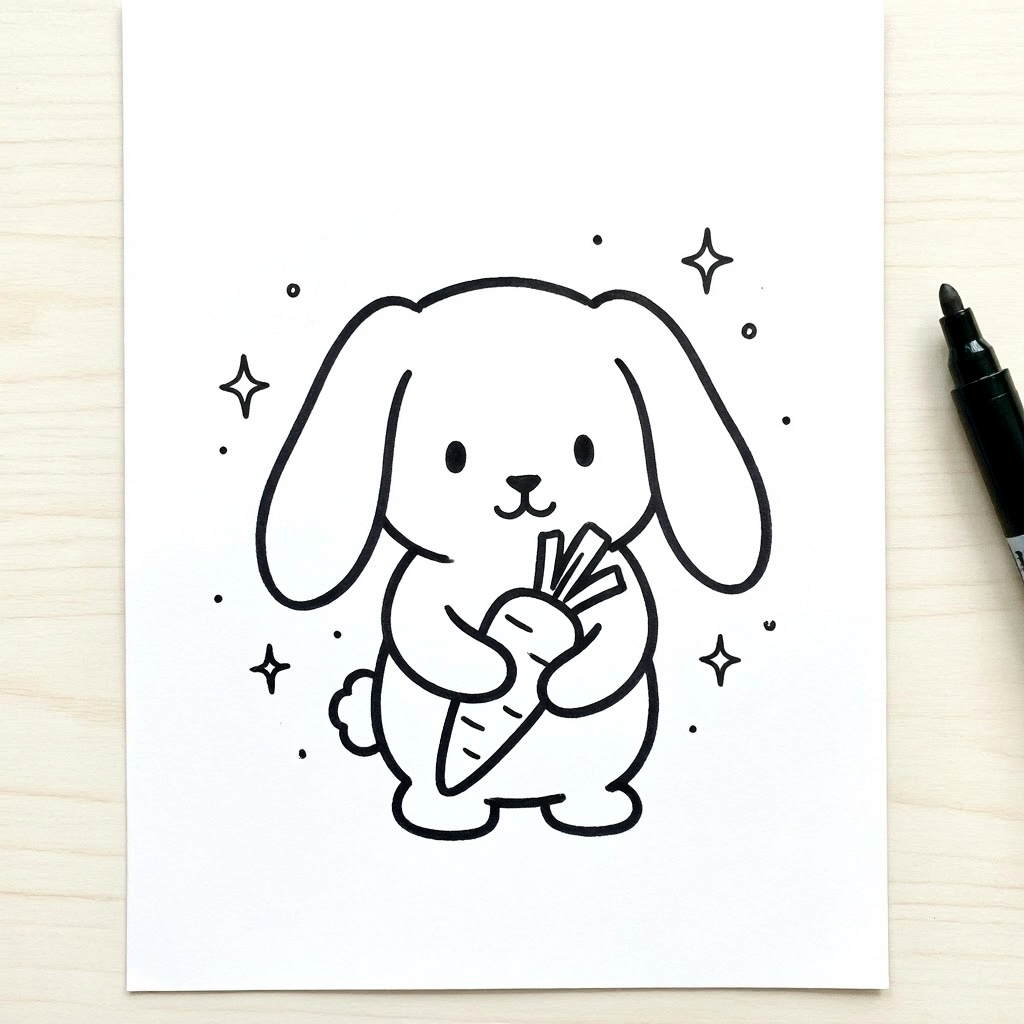 A bunny with floppy ears holding a carrot