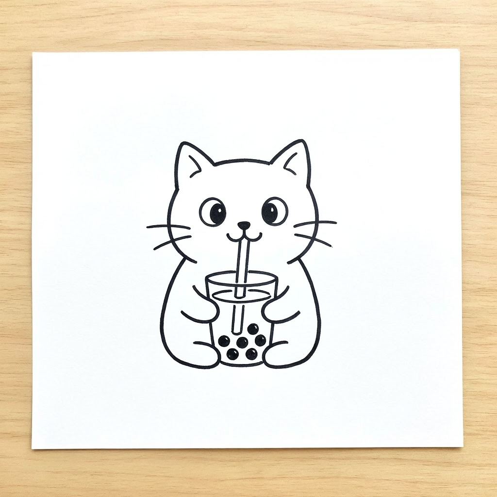 A cat sipping boba tea through a straw