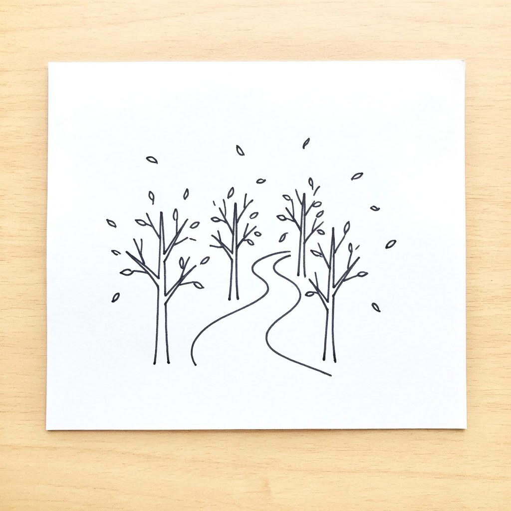 A forest path with falling leaves