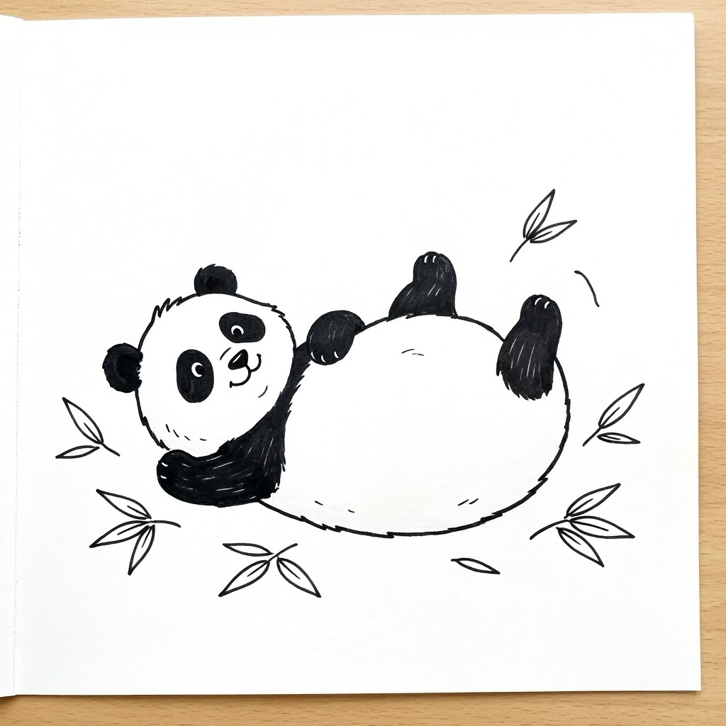 A panda rolling in bamboo leaves
