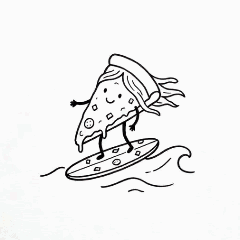 A pizza slice surfing waves gif