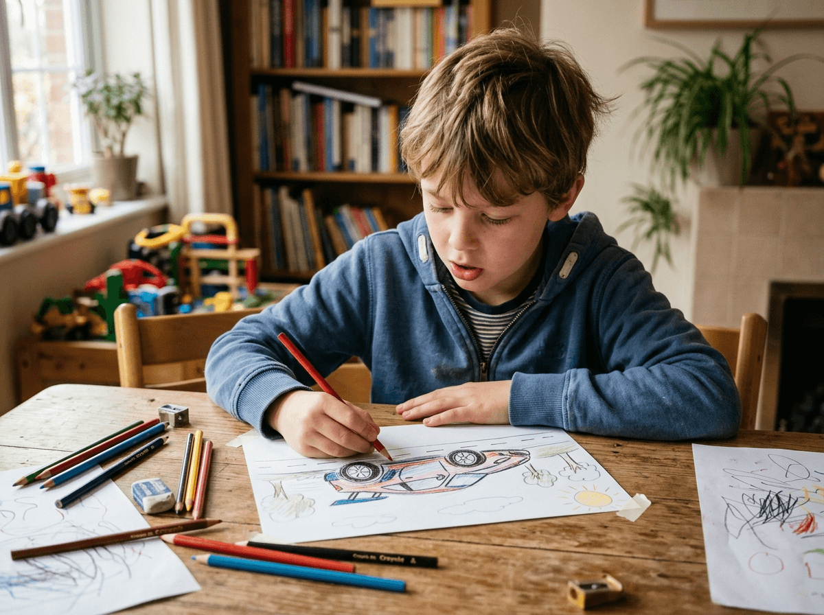 A real little boy 10 age draws pictures car on a piece of paper