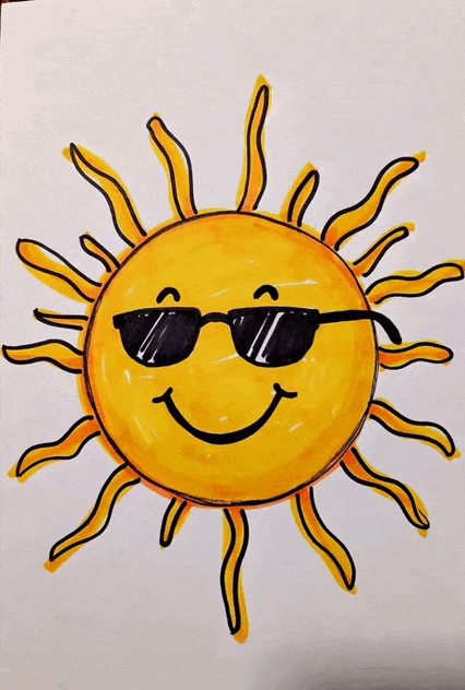 A drawing smiling sun with sunglasses 