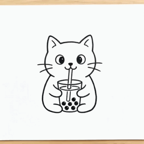 A cat sipping boba tea through a straw gif