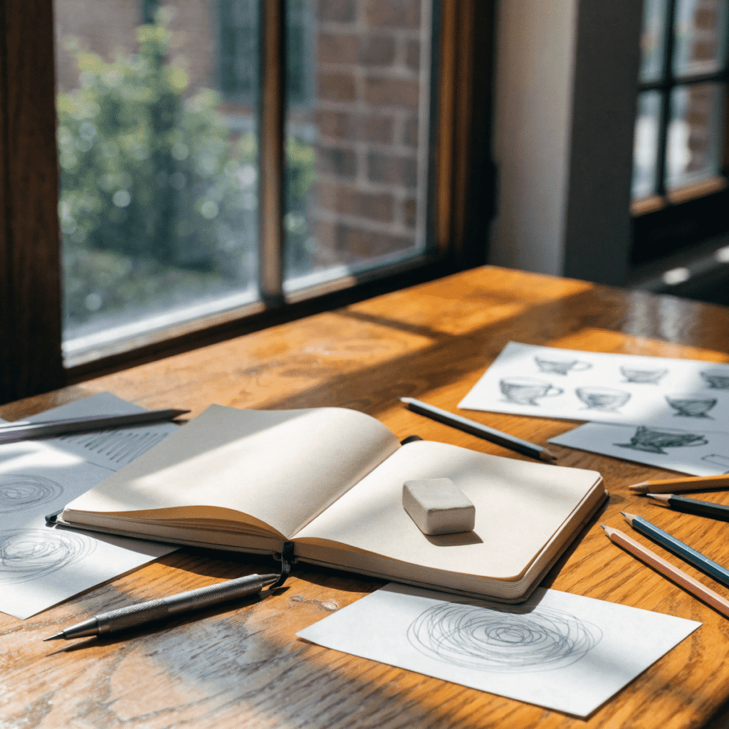 Open A5 sketchbook on a warm oak desk with pencils, an eraser, and pages of warm-up drills laid out for a daily drawing practice