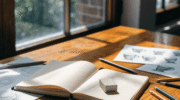 Open A5 sketchbook on a warm oak desk with pencils, an eraser, and pages of warm-up drills laid out for a daily drawing practice