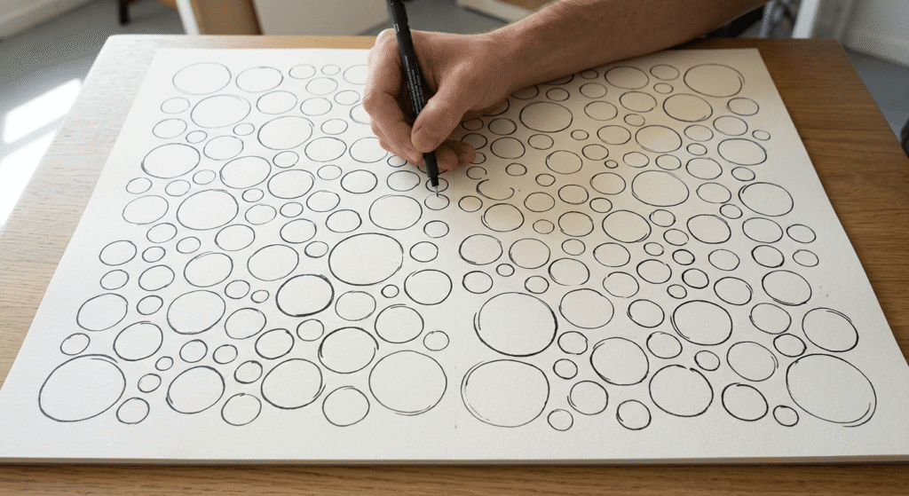 Sketchbook page covered with dozens of non-overlapping freehand pencil circles in many different sizes