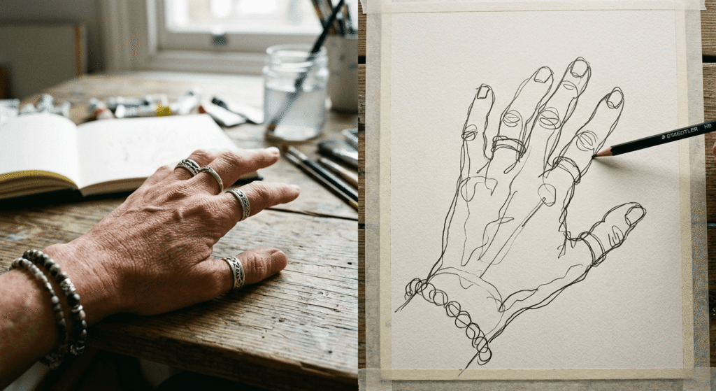 A wonky single-line blind contour drawing of a hand with relaxed fingers, drawn without lifting the pencil or looking at the paper