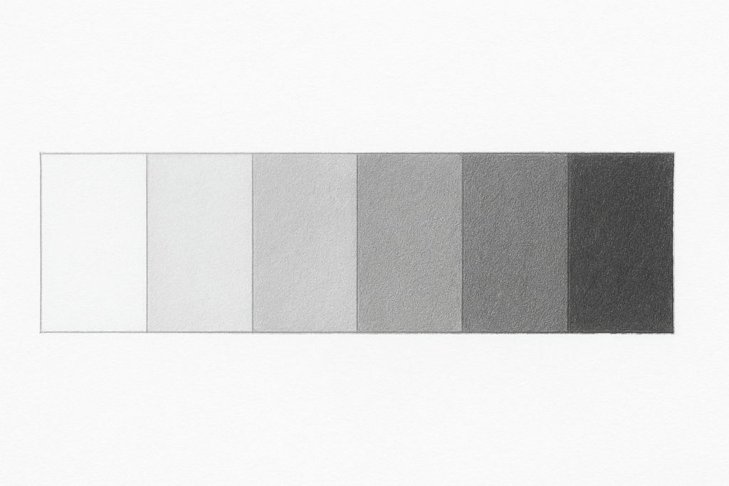 Six-step pencil value scale running from a barely-there light gray to deep black, each cell evenly shaded with no patches