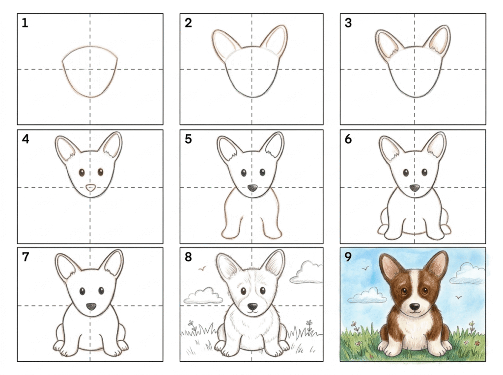 A cute little dog is sitting on the grass