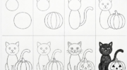 How To Draw a black cat and pumpkin for halloween