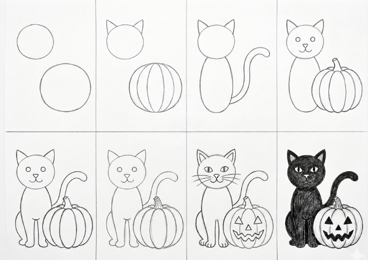 How To Draw a black cat and pumpkin for halloween