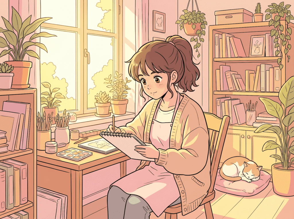 Modern anime illustration of a young female artist sketching in a cozy studio with soft pastel colors and clean line art