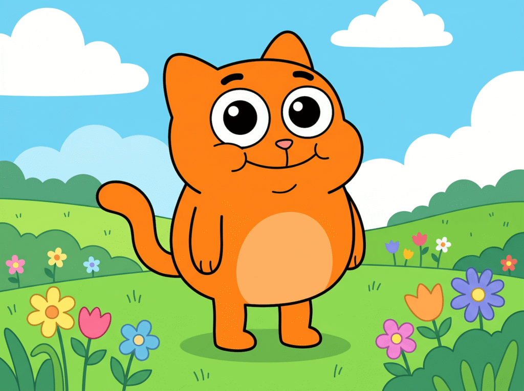 Modern western cartoon illustration of a cheerful orange cat character with thick black outlines and flat bright colors