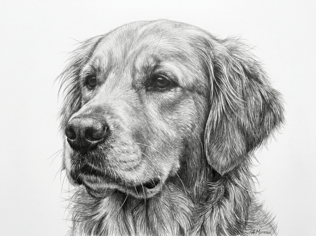 Hyperrealistic graphite pencil drawing of a golden retriever portrait with finely rendered fur and soft directional lighting